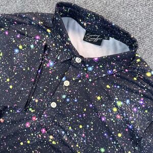 Sunday Swagger Mens M Black Intergalactic Golf Polo Shirt Stars Splatter Stretch
